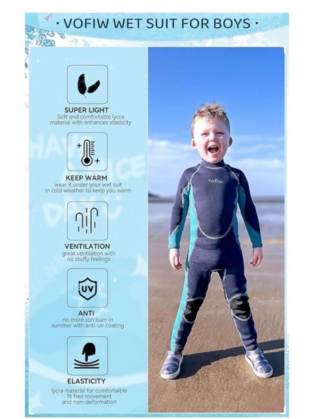 VOFIW Kids Long Sleeve Wetsuit in Navy with Teal Panels - Picture 4 of 5